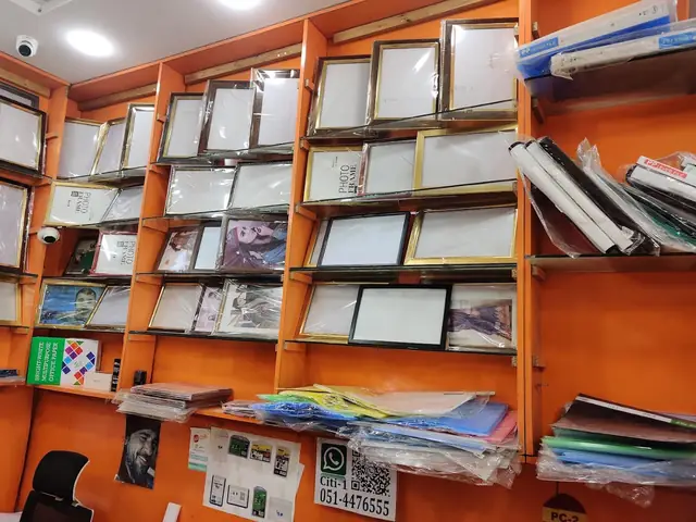 Photo frames and office files on the shop shelves